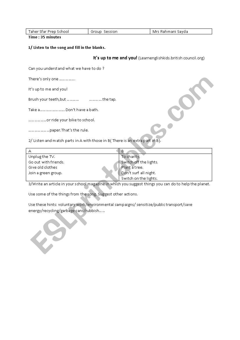 Its up to me and you worksheet