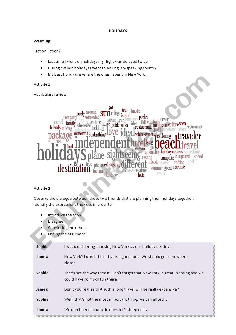 Holidays lesson plan worksheet