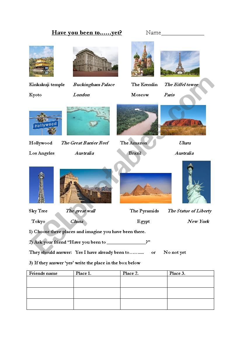 Have you been to...yet? worksheet
