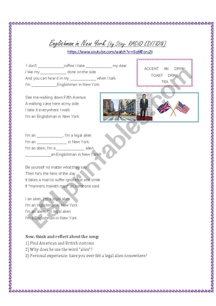 Englishman in New York worksheet