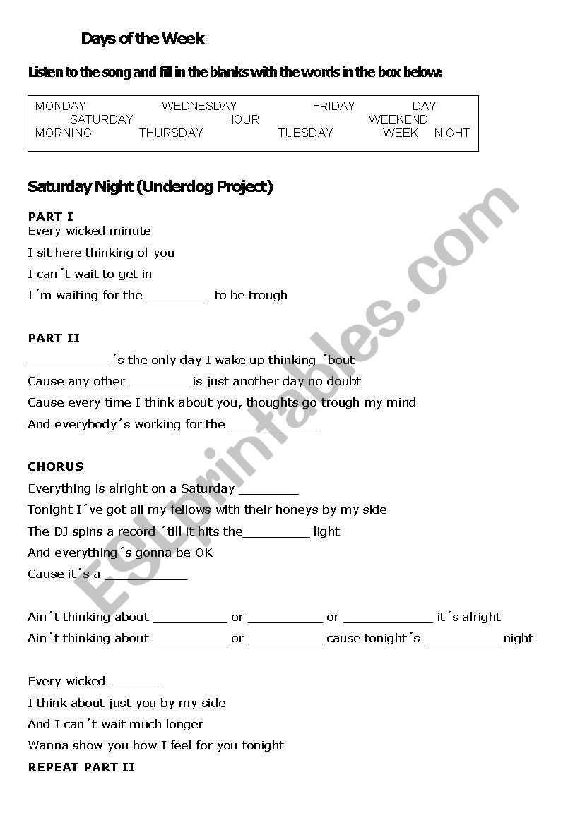 Days of the week worksheet