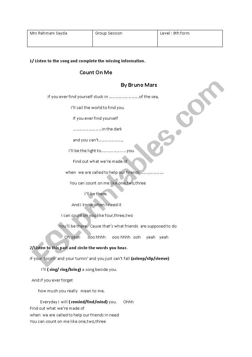 Count on me Bruno Mars worksheet