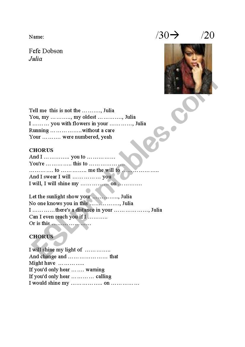 Fefe Dobson song Julia Test worksheet