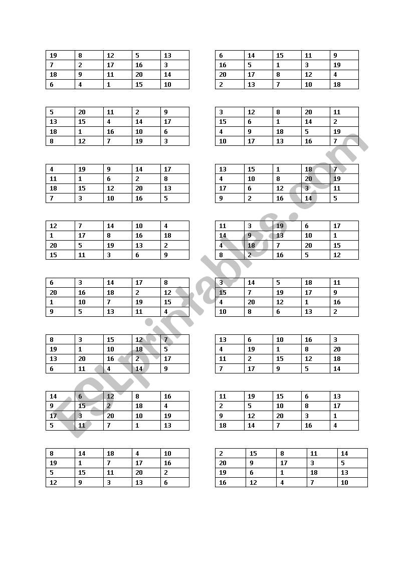 Bingo grids for elementary students