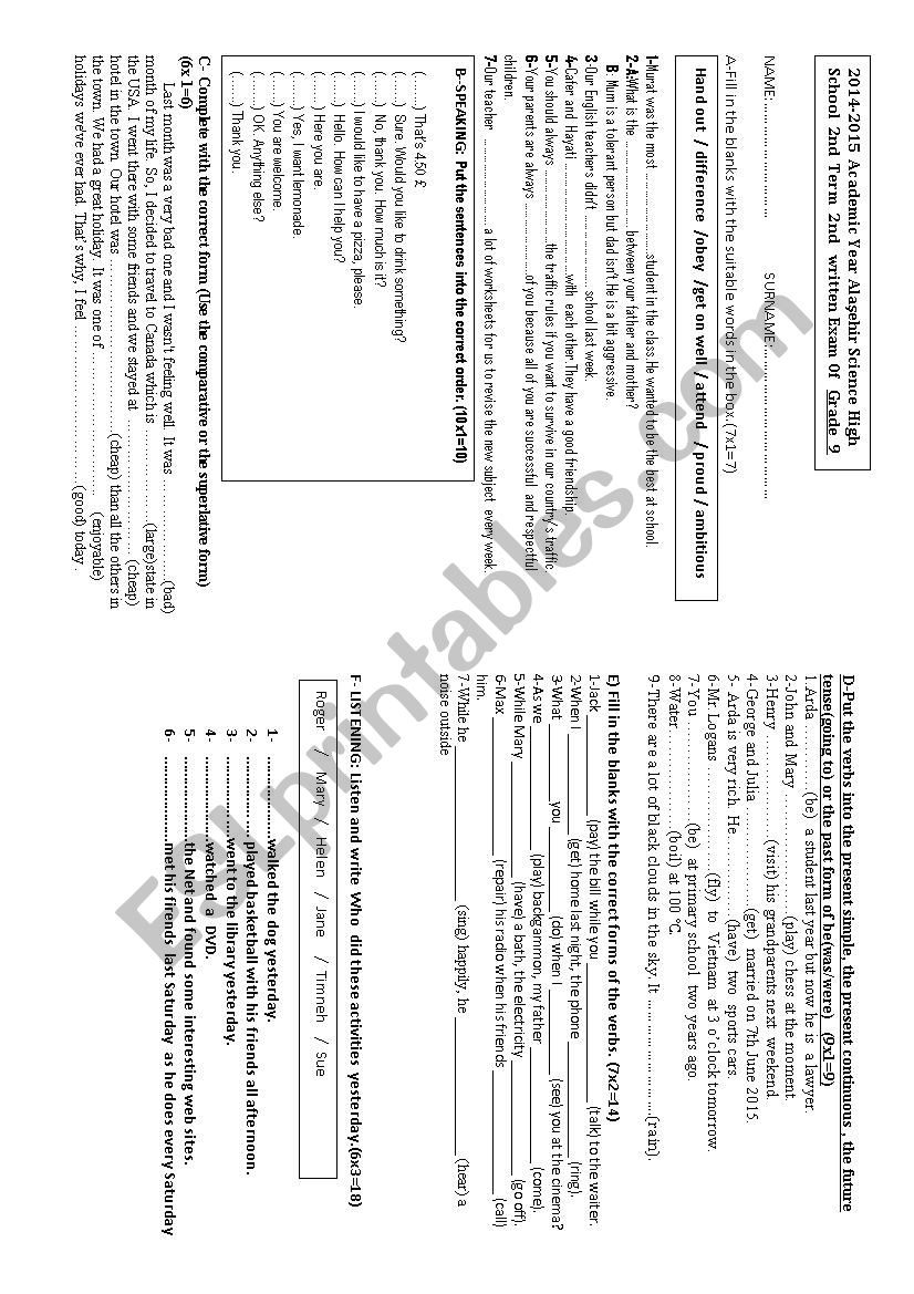 2nd term 2nd exam worksheet