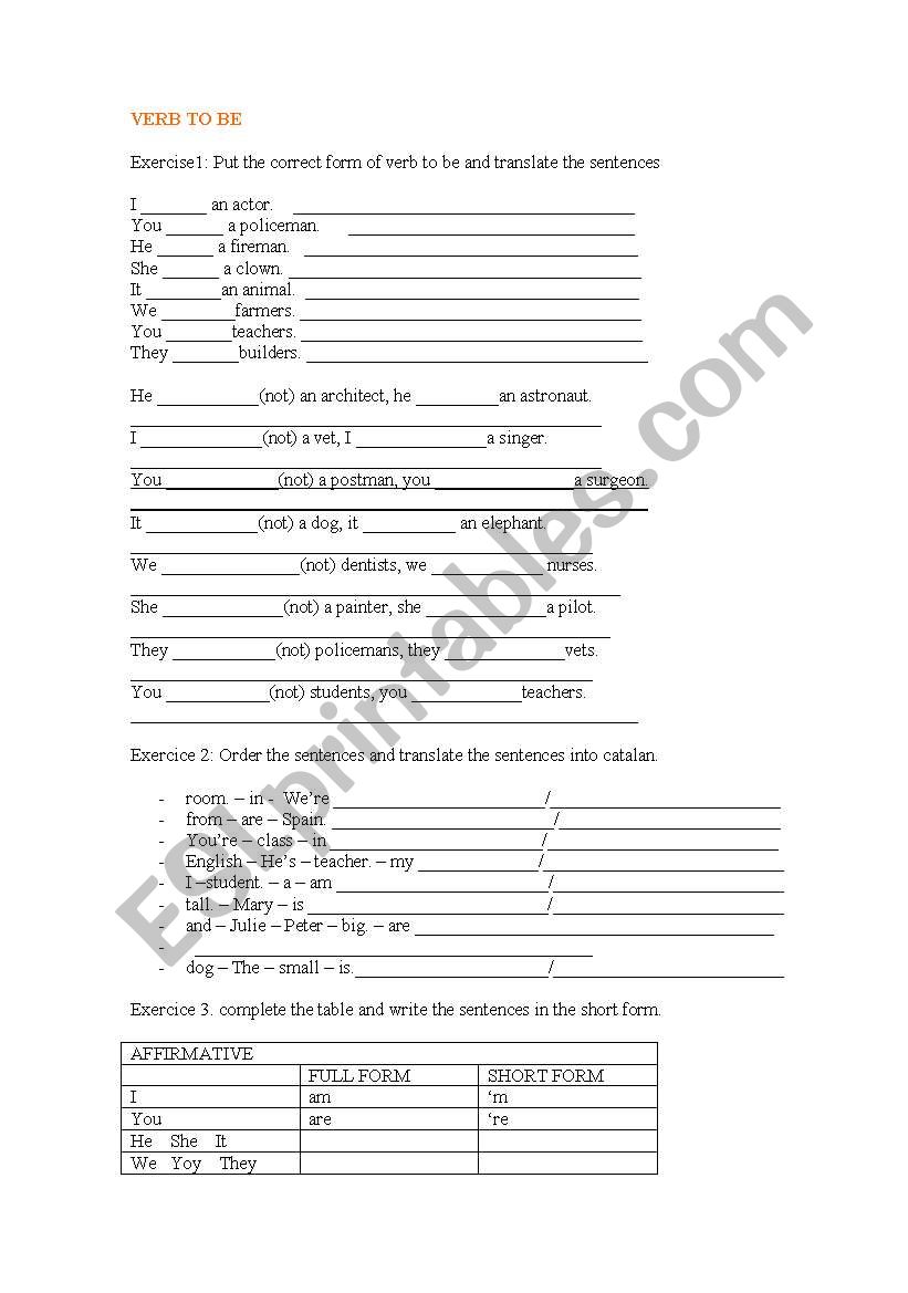 Verb to be, exercices worksheet