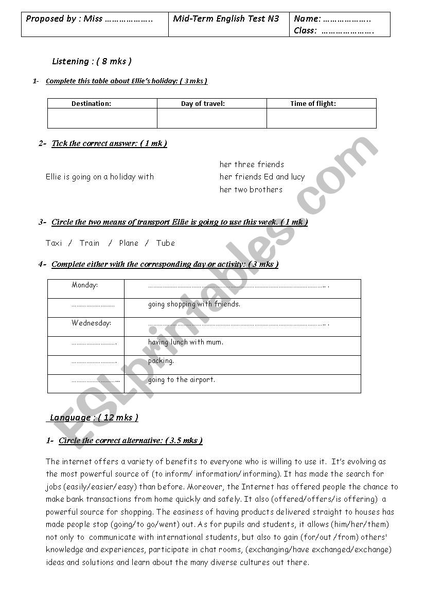 9th form mid term test3  worksheet