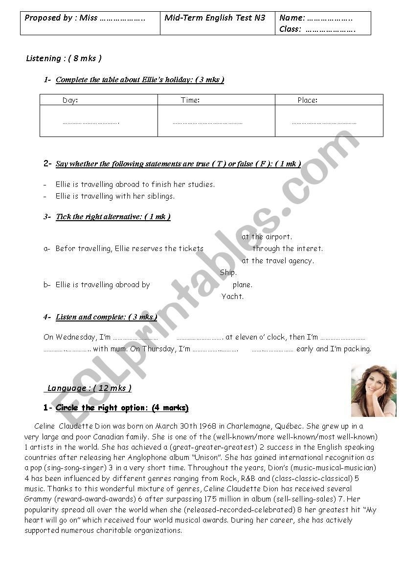 9th form mid term test3  worksheet