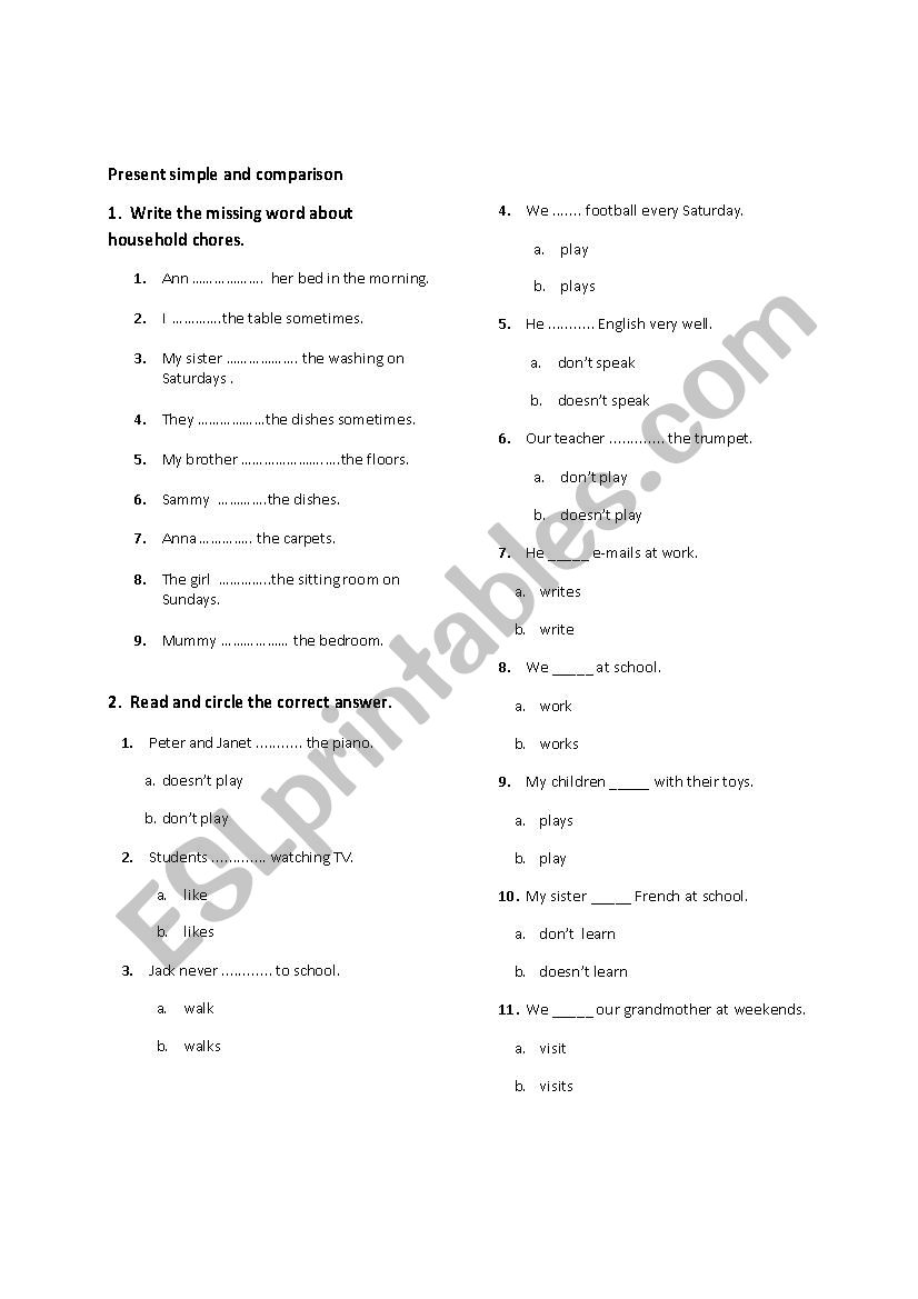 present simple and comparison worksheet