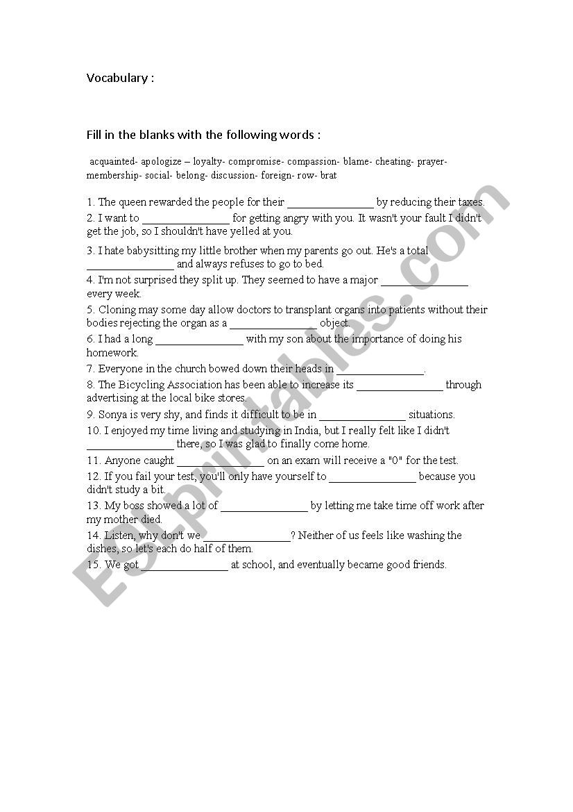 vocabulary worksheet