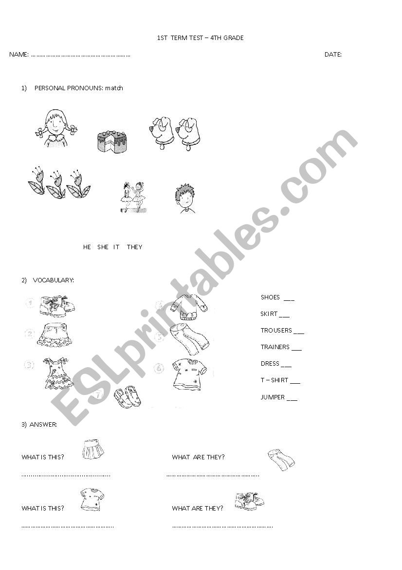 CLOTHES and PRONOUNS TEST worksheet