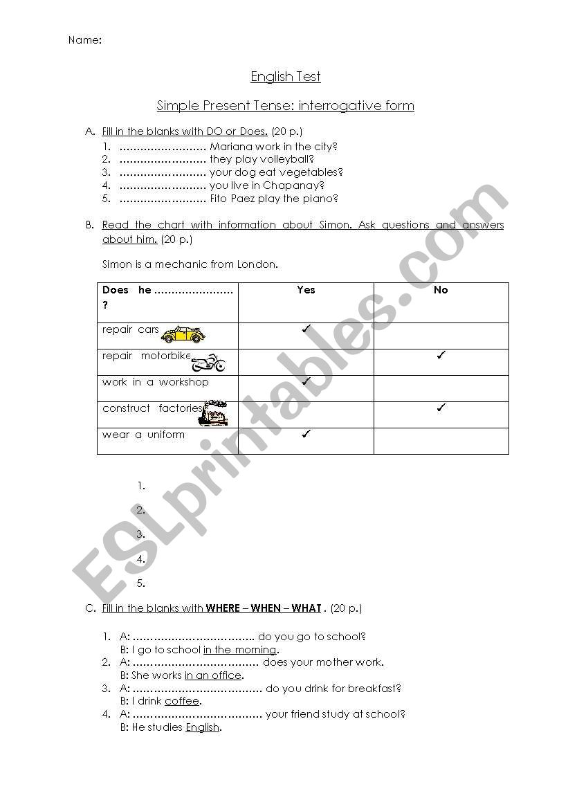 Simple Present Test worksheet