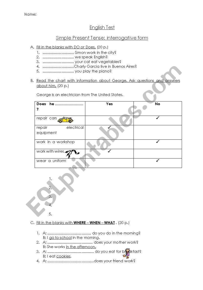 Simple Present Test 2 worksheet