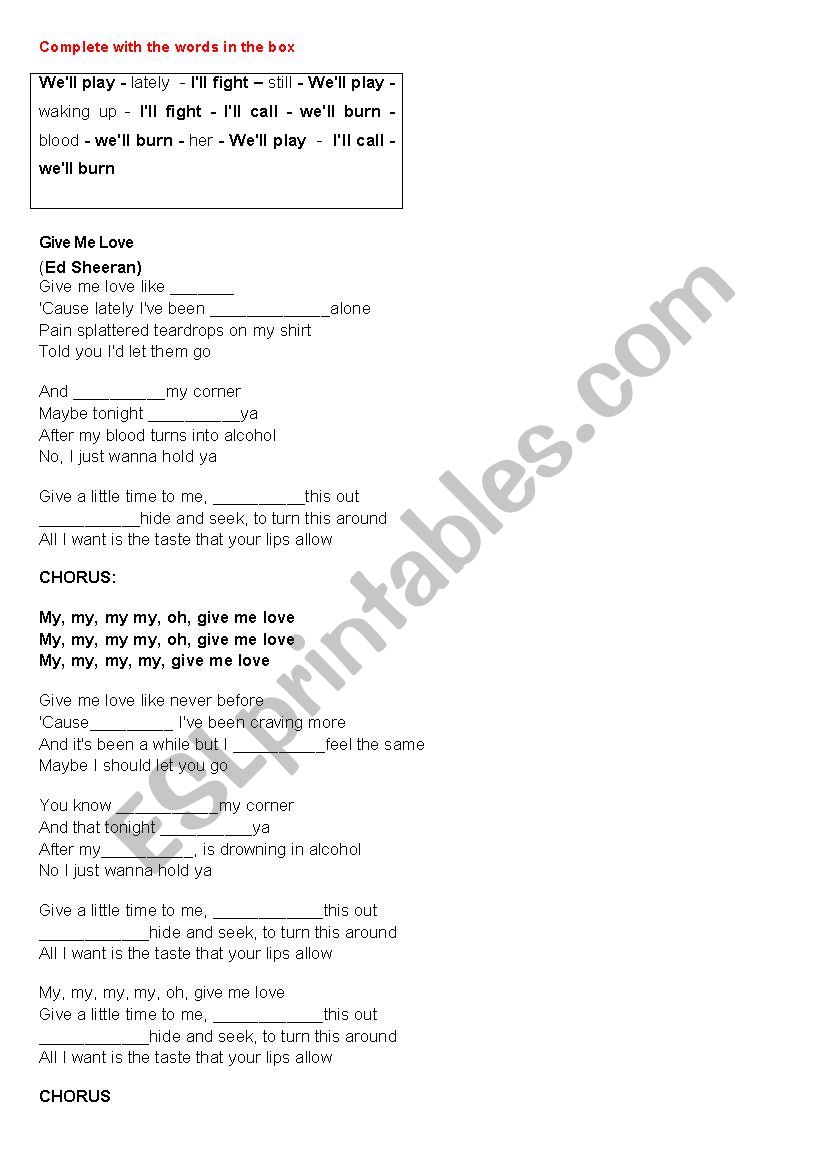 song give me love worksheet