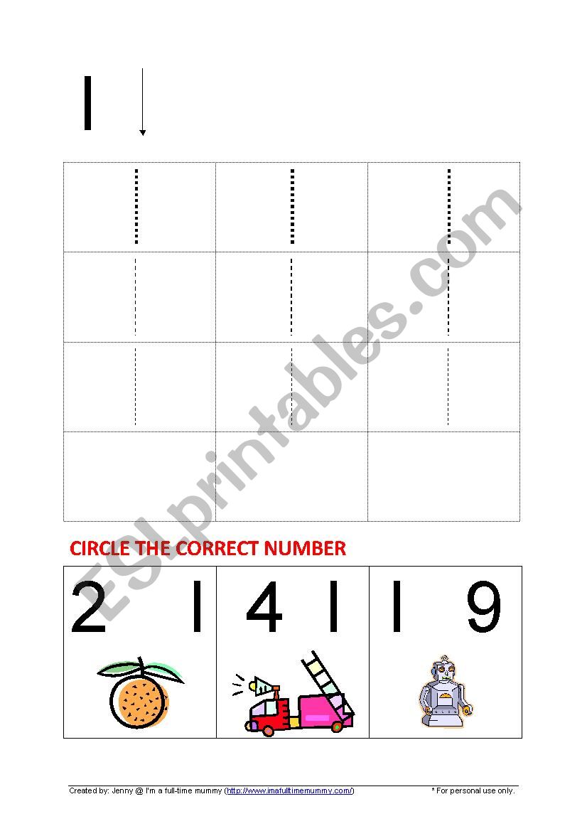 Learning to Write Number 1 worksheet