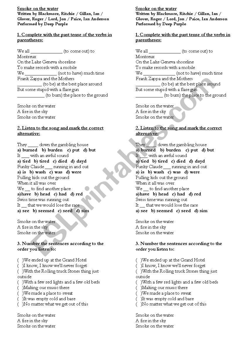 Smoke on the water worksheet