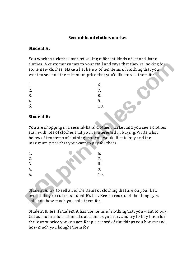 Secondhand clothes market worksheet