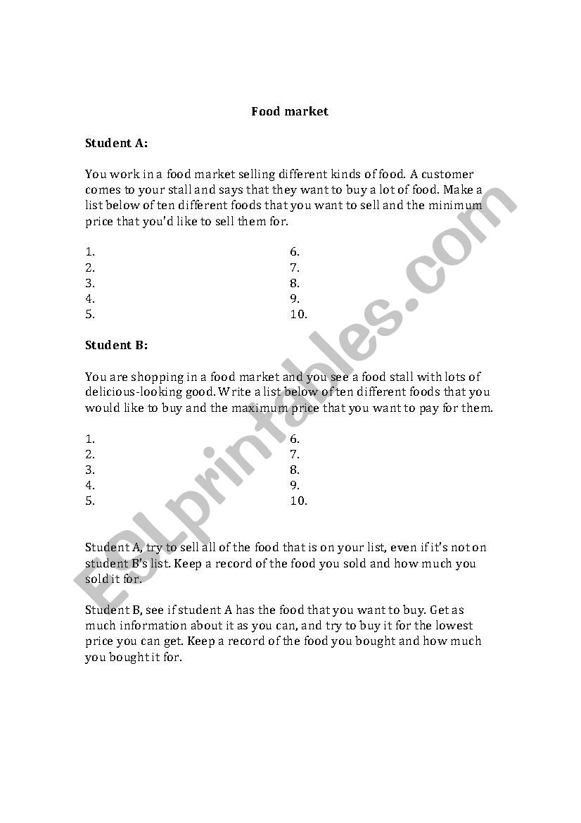 Food market role play worksheet