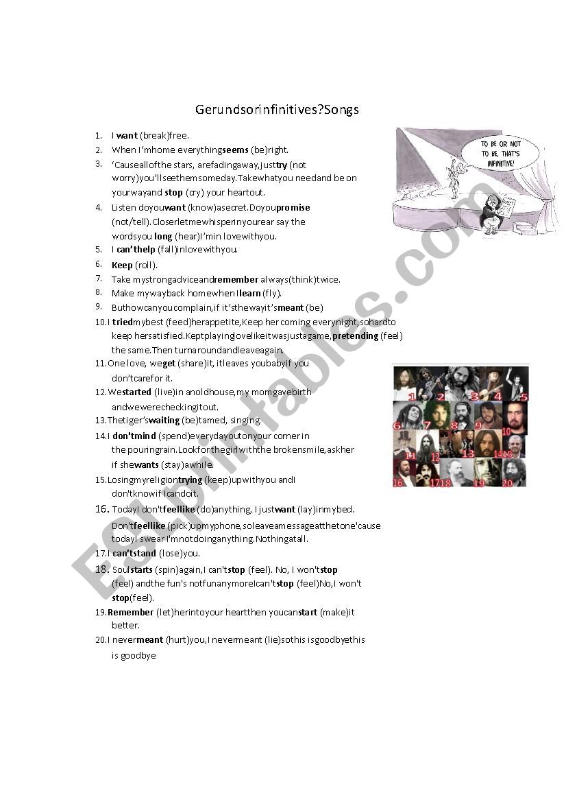 Gerund or Infinitive Song lyrics exercise