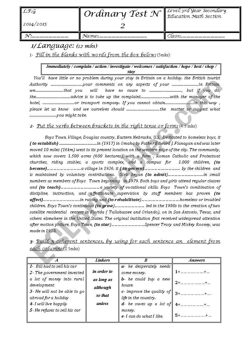 English Test ( Tunisian school)