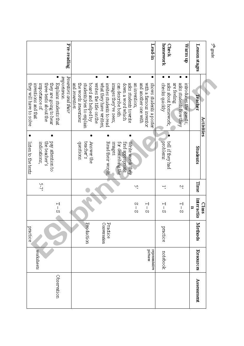 Inventions. Lesson plan worksheet