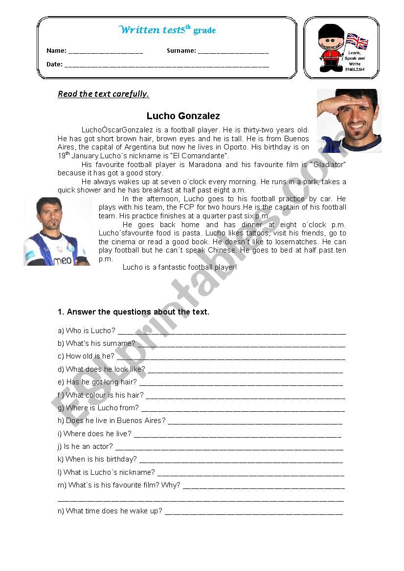 Written test - Lucho Gonzalez worksheet