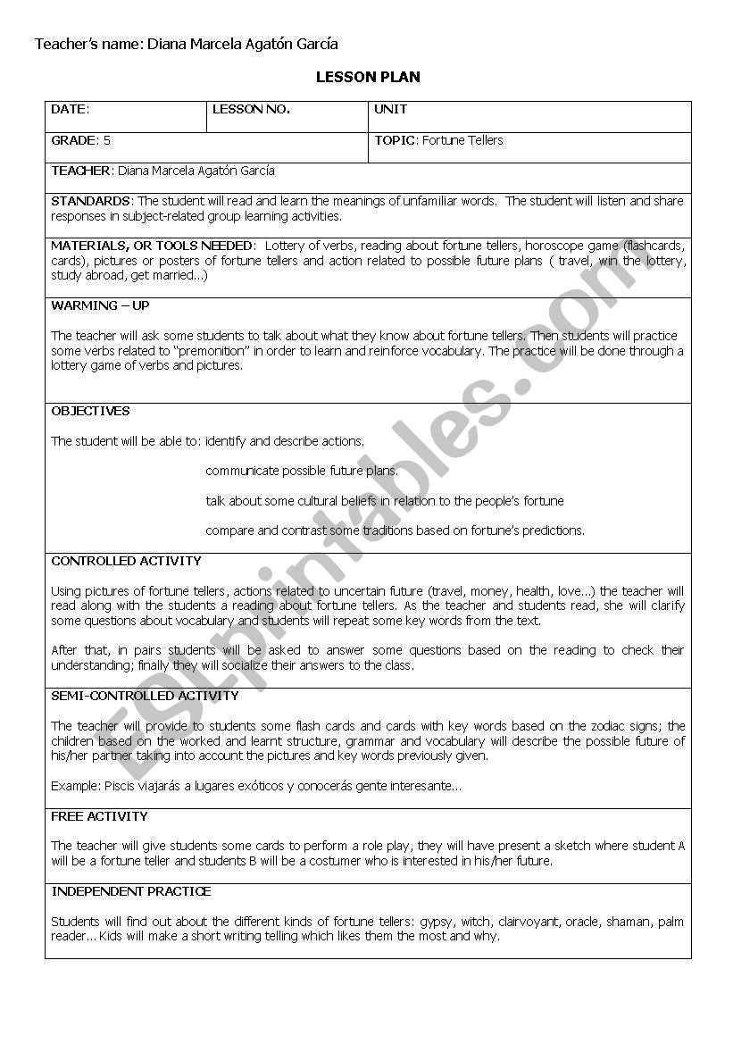 Lesson Plan Fortune Tellers worksheet