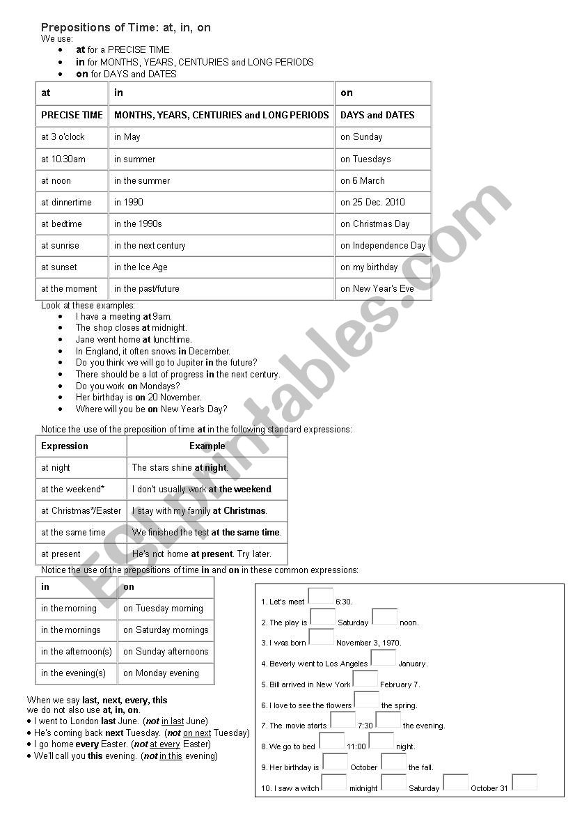 Prepositions of Time: at, in, on