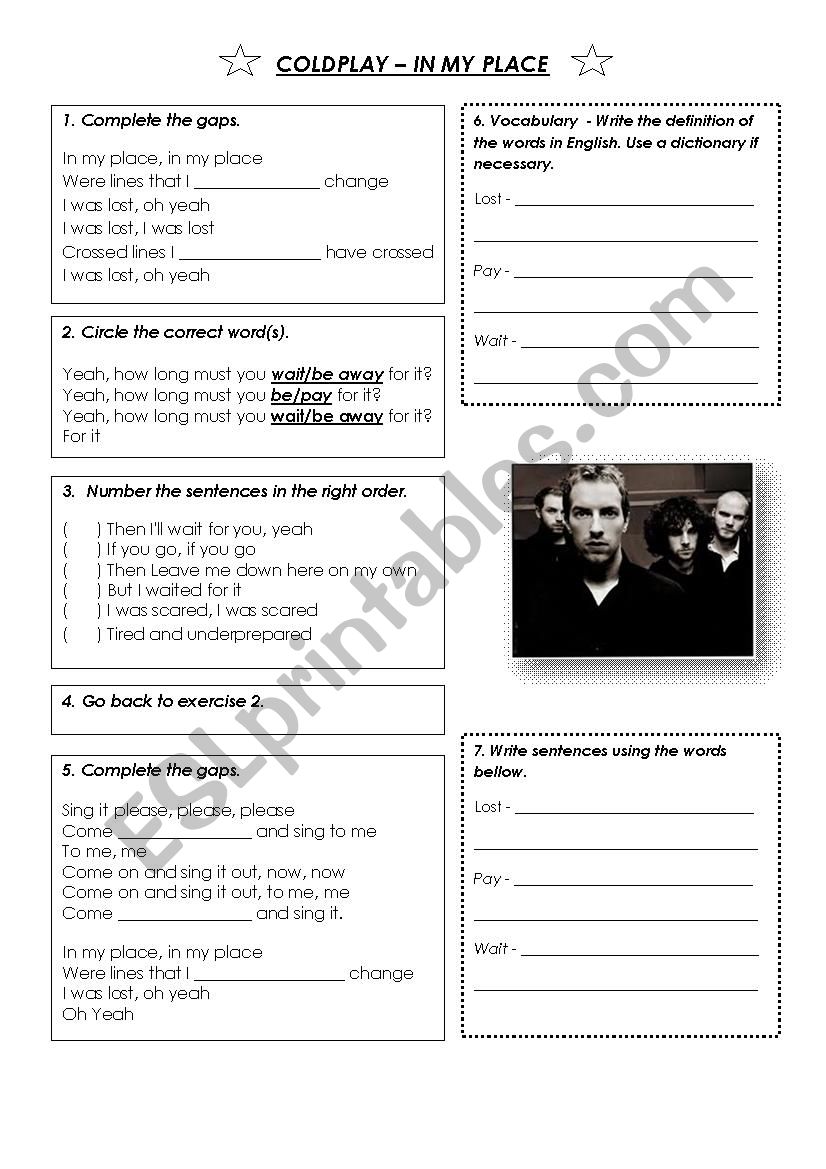 song in my place worksheet