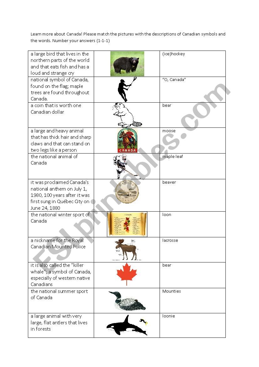 Matching exercise Canadian national symbols