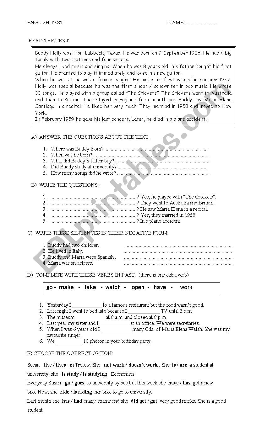 simple past test worksheet