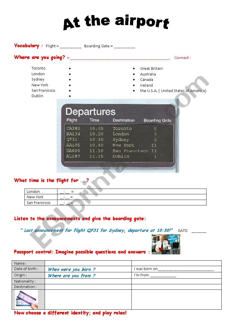 At the airport worksheet