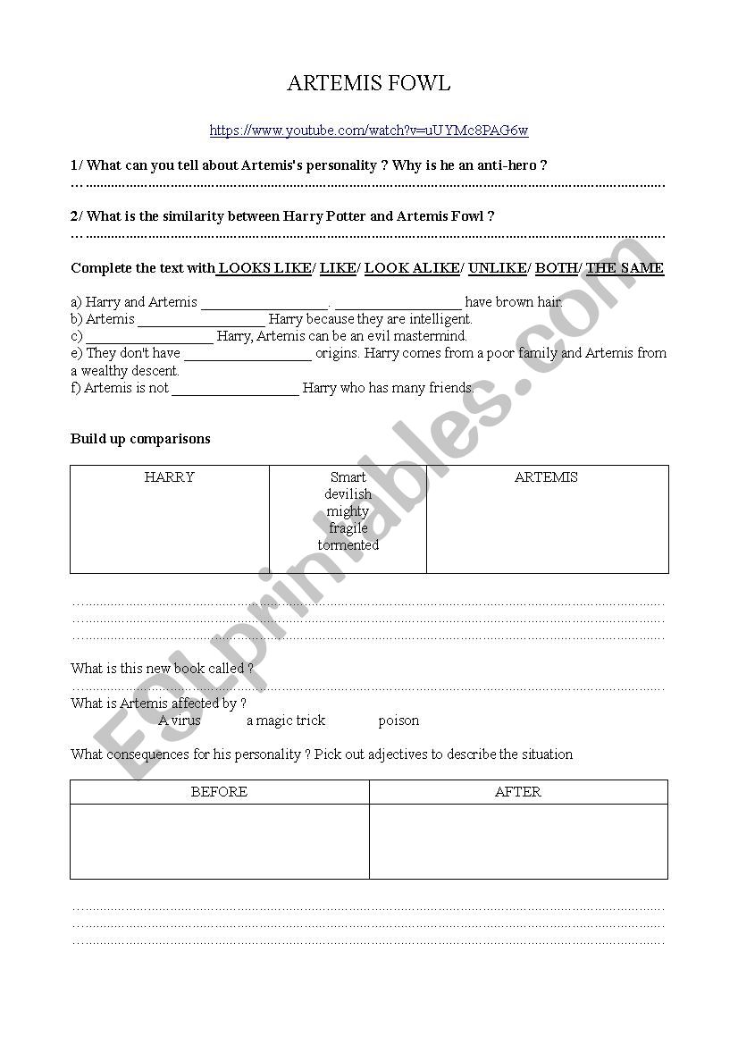 artemis fowl and harry potter worksheet