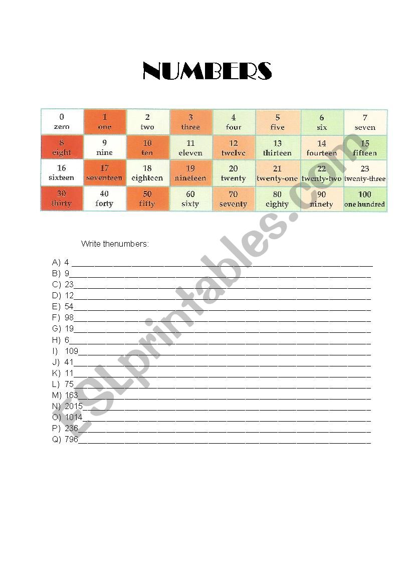 Numbers worksheet