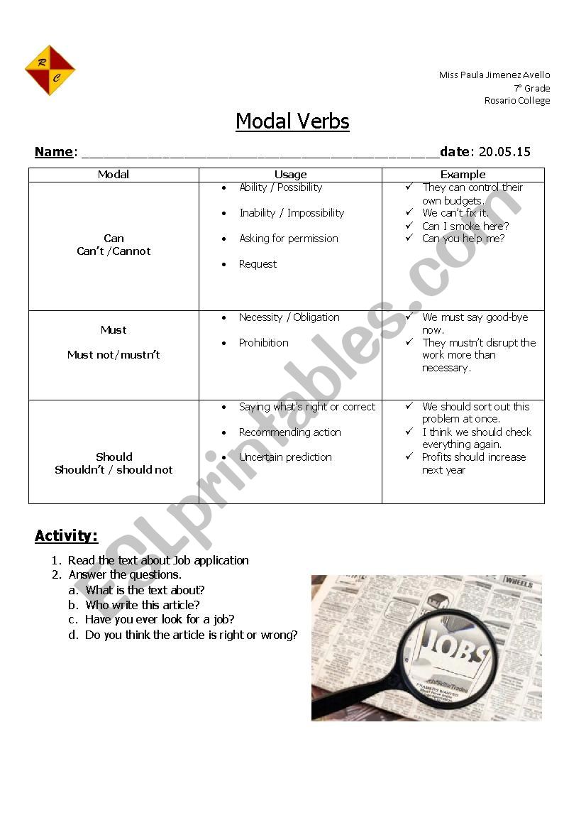 modal verbs  worksheet