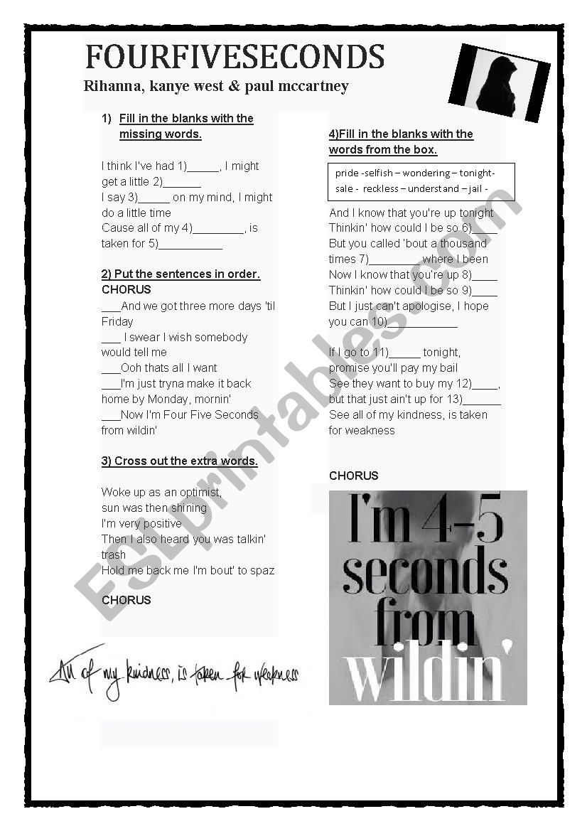 Rihanna Four Five Seconds worksheet