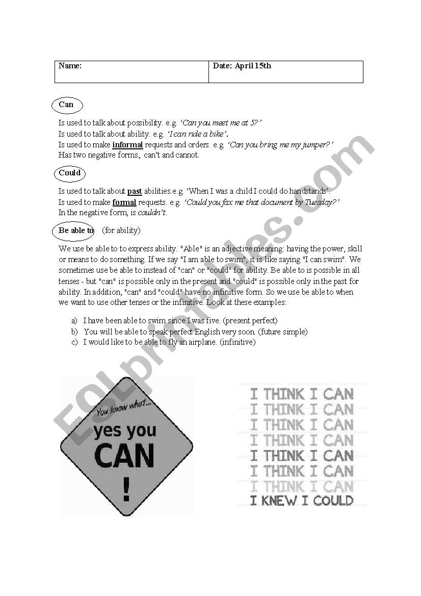 can and could  worksheet