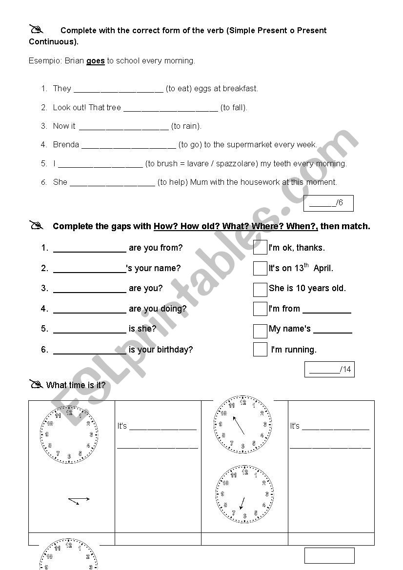 Time, w questions, simple present and present continuous