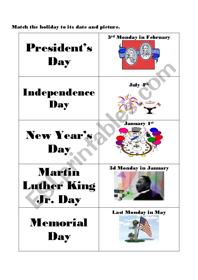 U.S. National Holidays worksheet