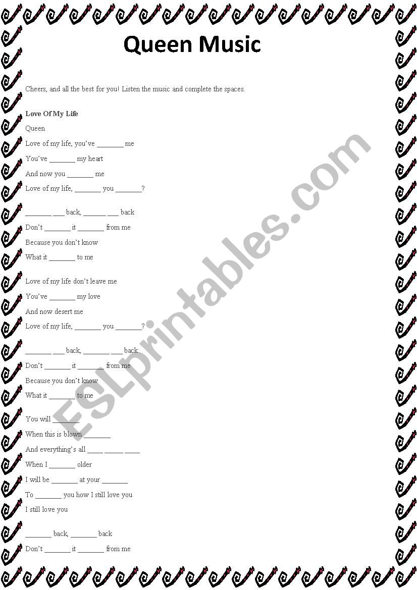 music love of my life worksheet