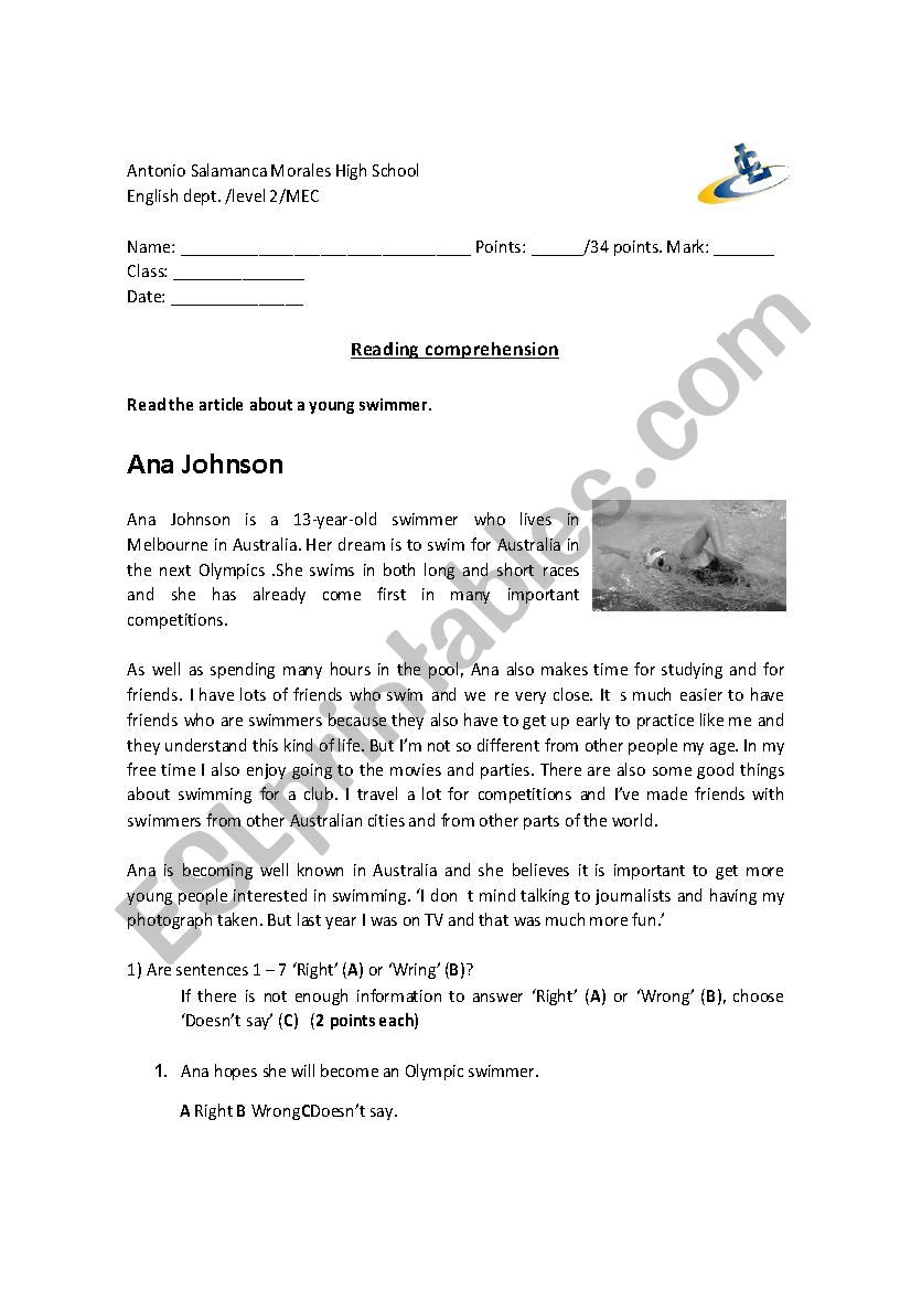 sport reading comprehension worksheet