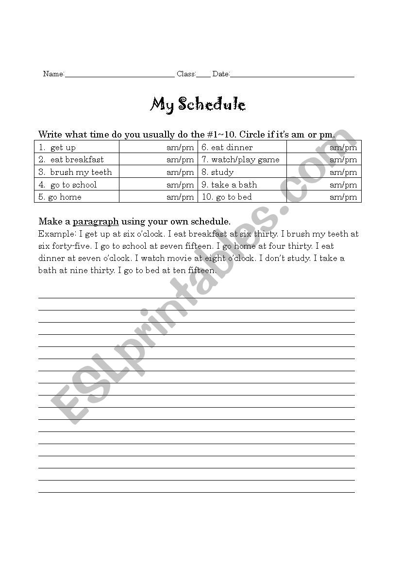 my schedule worksheet