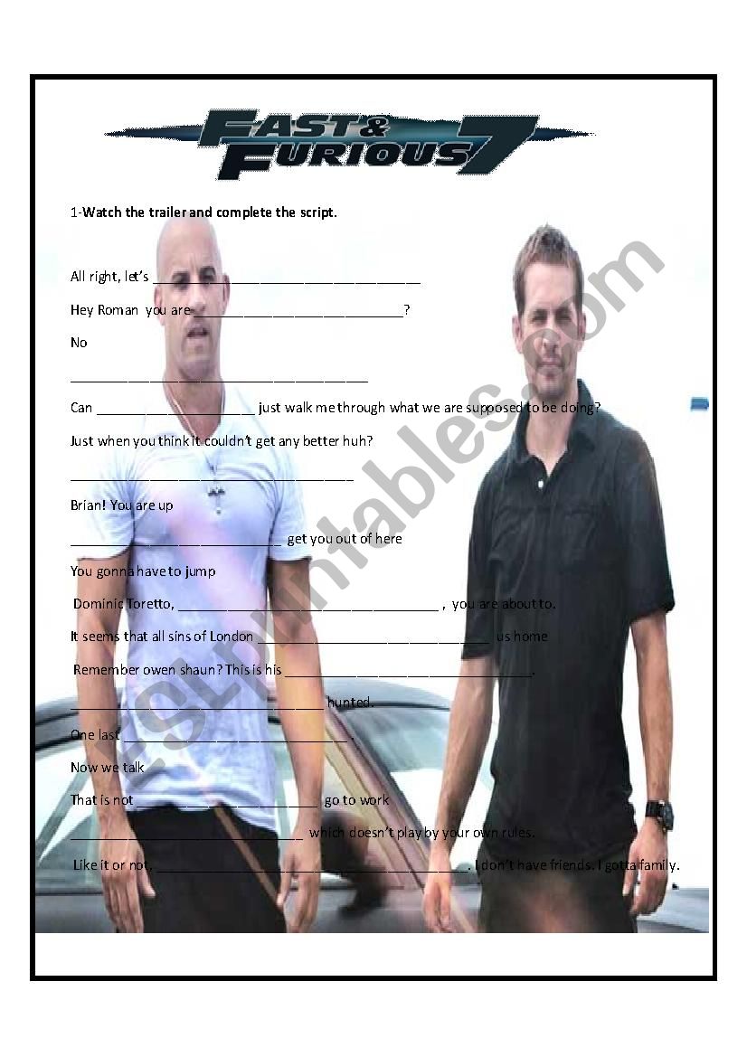Fast and Furious 7-- TRAILER worksheet