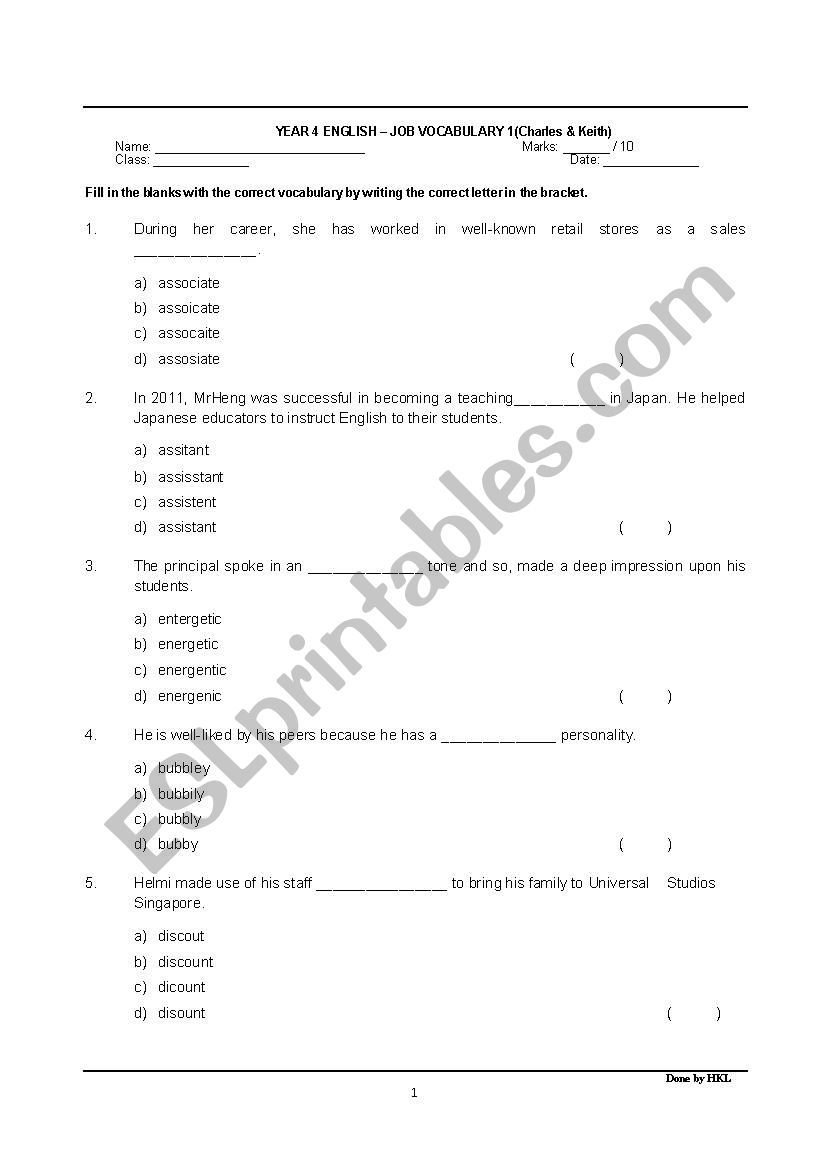 40 Job Vocabulary MCQs worksheet