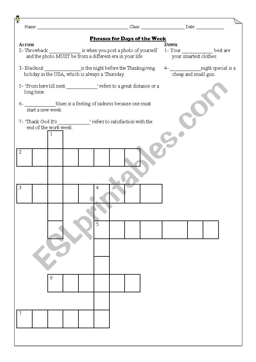 Phrases for Days of the Week worksheet