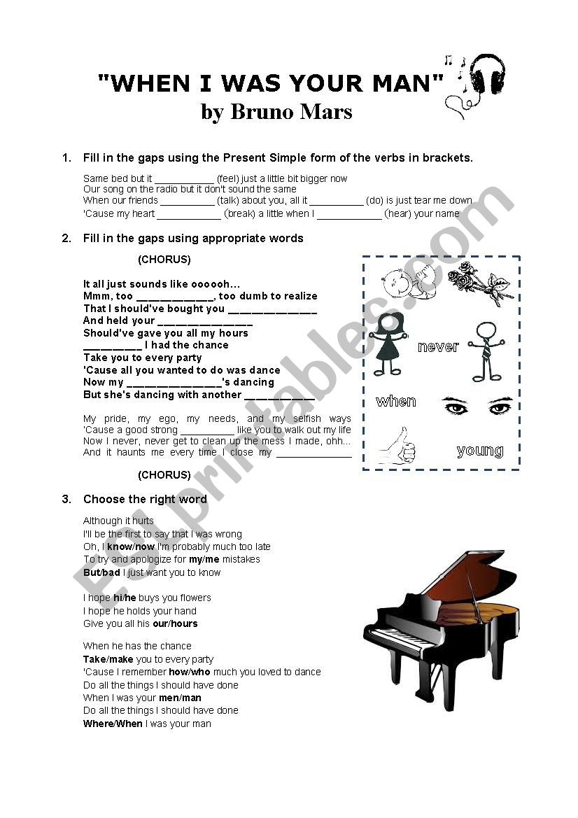 When I was your man worksheet