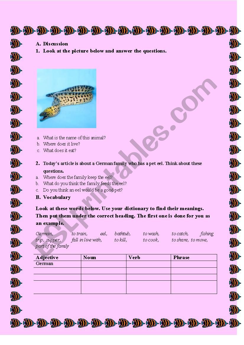An Eel Pet worksheet