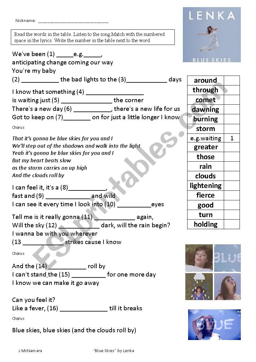 Blue Skies by Lenka worksheet