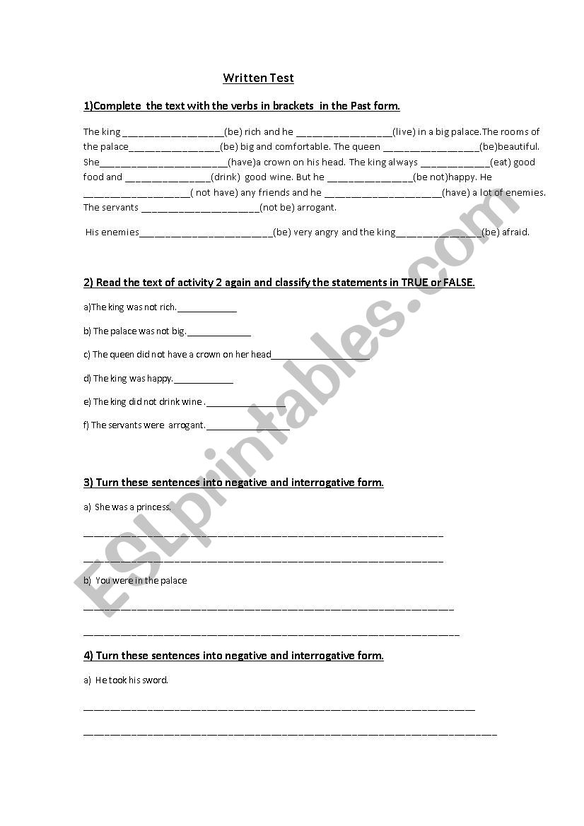 Past Simple test worksheet