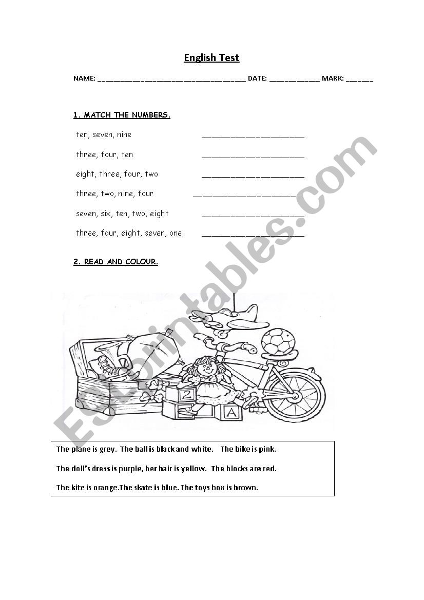 Evaluation test - colours, toys, numbers, classroom objects, body, family and clothes